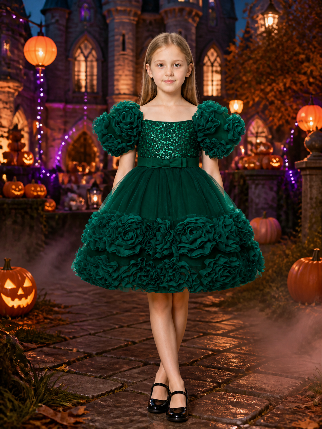 Baby Girls' Dark Green Sequined Princess Dress With Puff Sleeves and Ruffle Trim