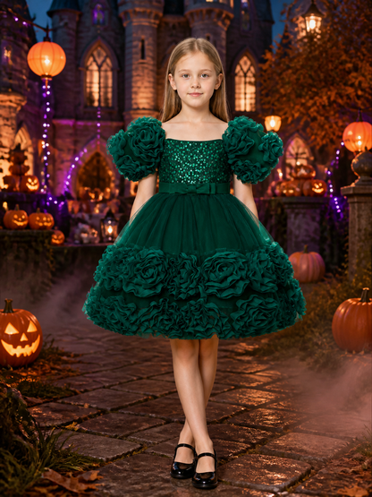 Baby Girls' Dark Green Sequined Princess Dress With Puff Sleeves and Ruffle Trim