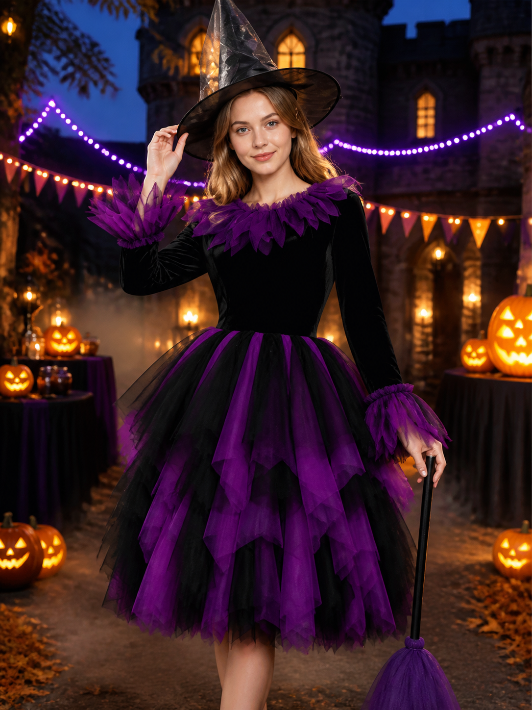 Adult & Kids Witch Costume Dress, Long Sleeve Layered Tulle Purple & Black