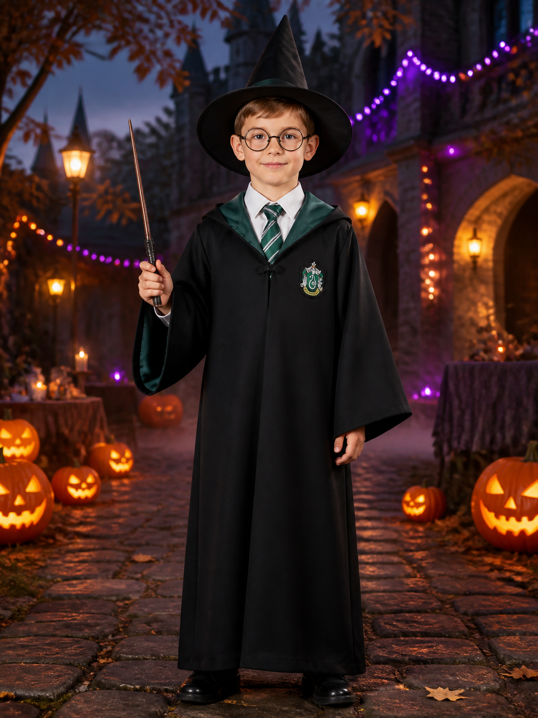 Wizard Costume Set With Hooded Robe, Pointed Hat, Wand, Tie and Round Glasses Costume Headwear detail 2