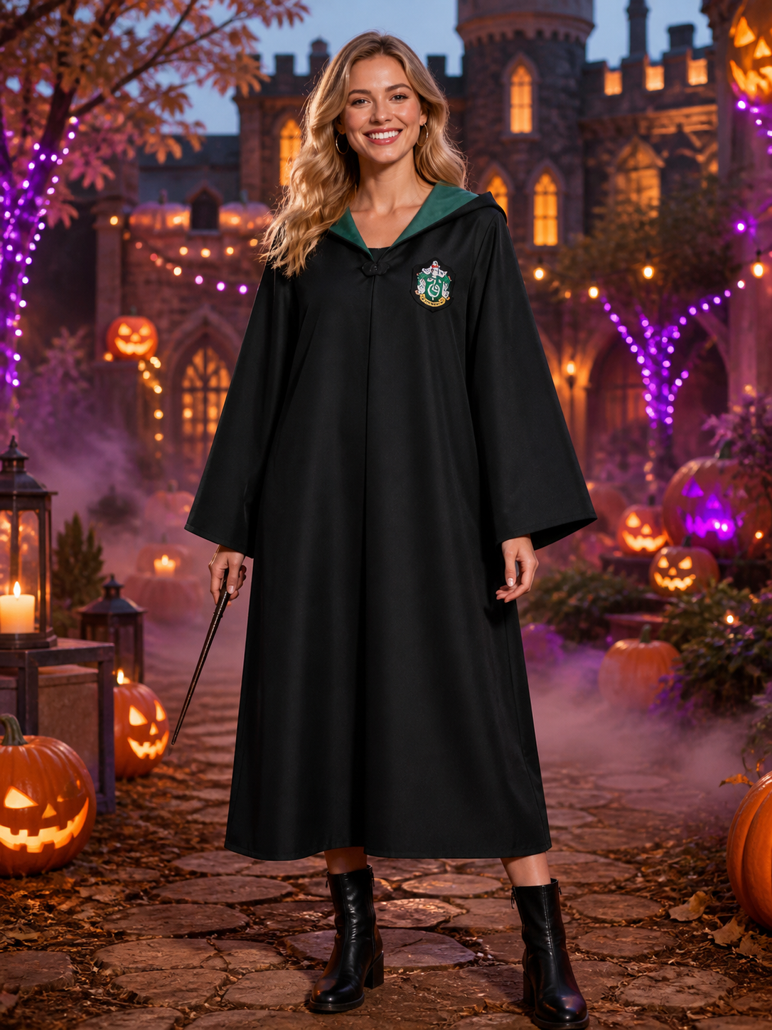 Kids Wizard Robe Set with Crest, Dark Green Hood & Striped Tie, Halloween Costumes detail 2