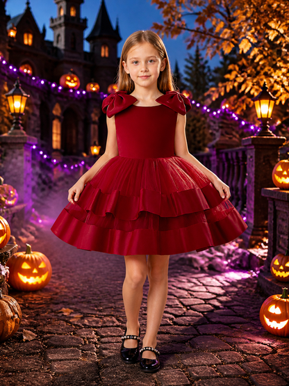 Girls' Burgundy Sleeveless Princess Dress, Layered Tulle Ruffles With Shoulder Costume Dresses detail 2