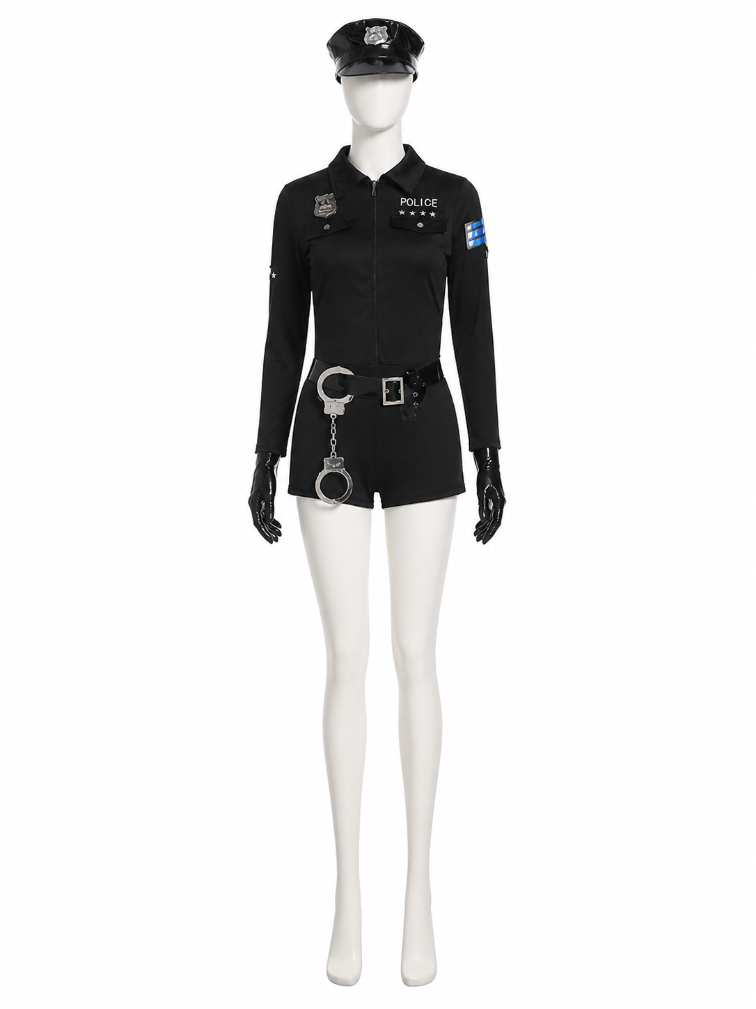Women's Black Police Jumpsuit Costume Set with Hat, Belt, Gloves and Handcuffs Costume Headwear detail 2