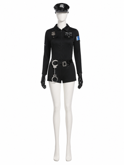 Women's Black Police Jumpsuit Costume Set with Hat, Belt, Gloves and Handcuffs Costume Headwear detail 2