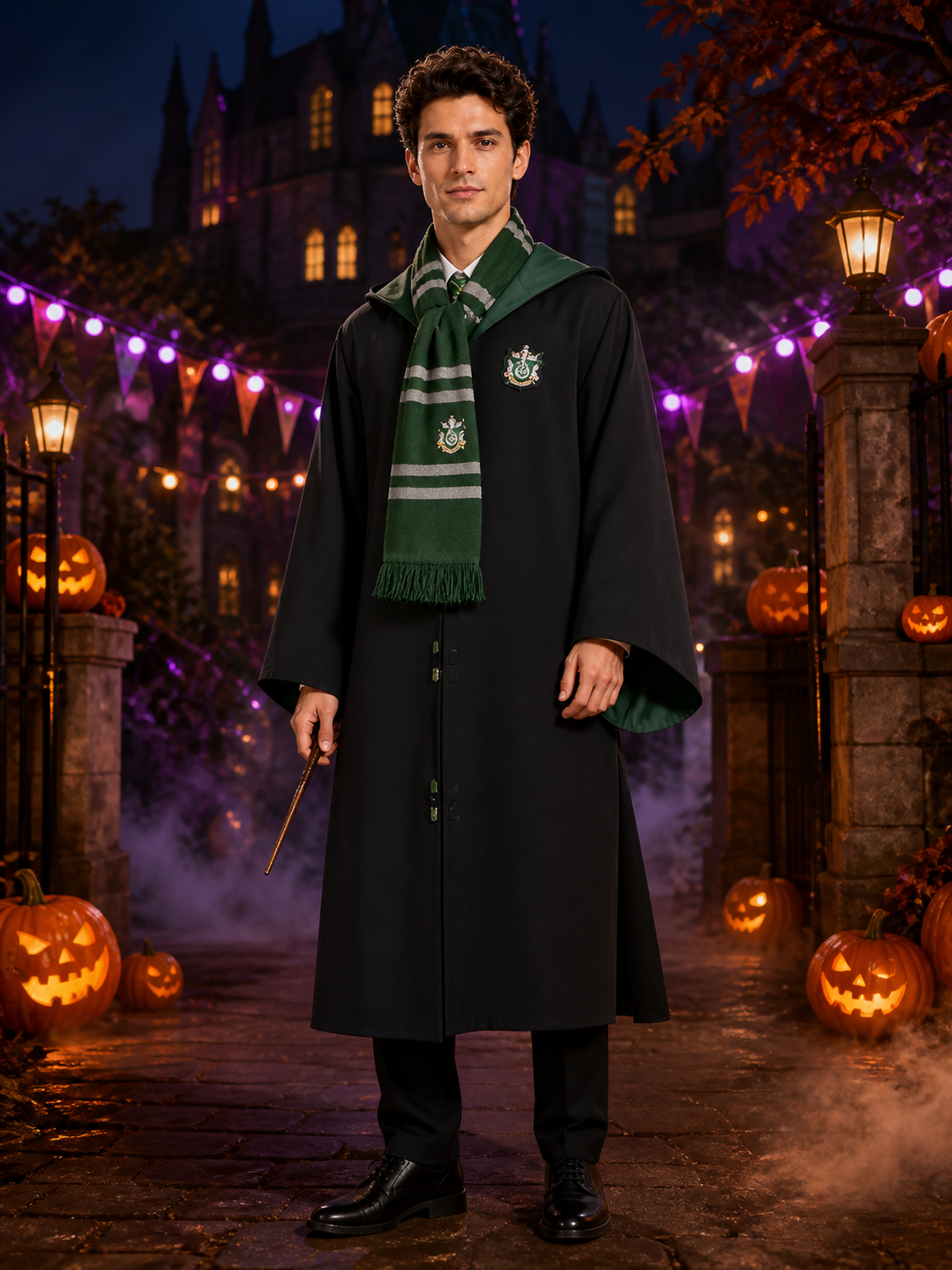 Wizard Robe Costume Set, Black Long Robe With Badge, Green-Black Striped Tassel Costumes detail 2