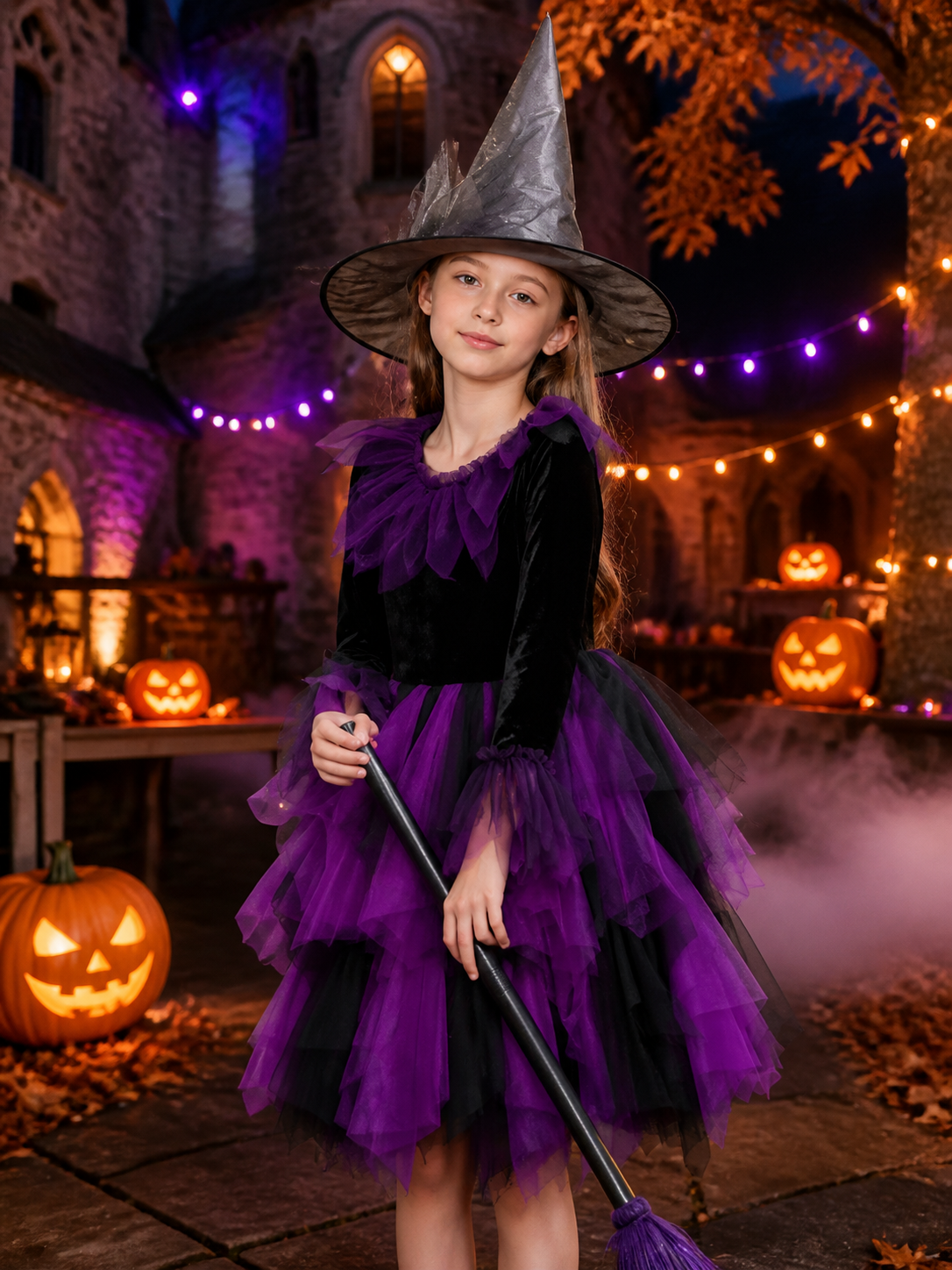 Women's Witch Costume Set, Black & Purple Layered Tulle Dress for Halloween Costume Dresses detail 2