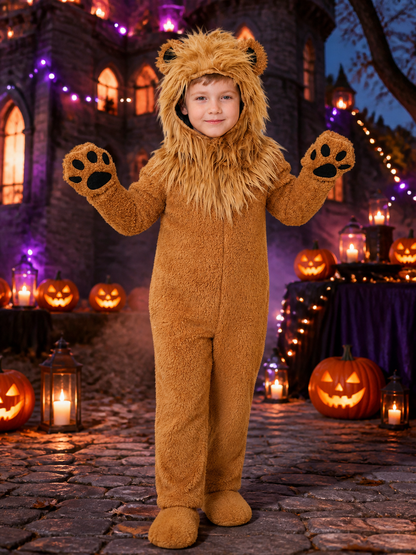 Lion Hooded Animal Costume Bodysuit, Plush Furry Jumpsuit for Halloween Costumes detail 2