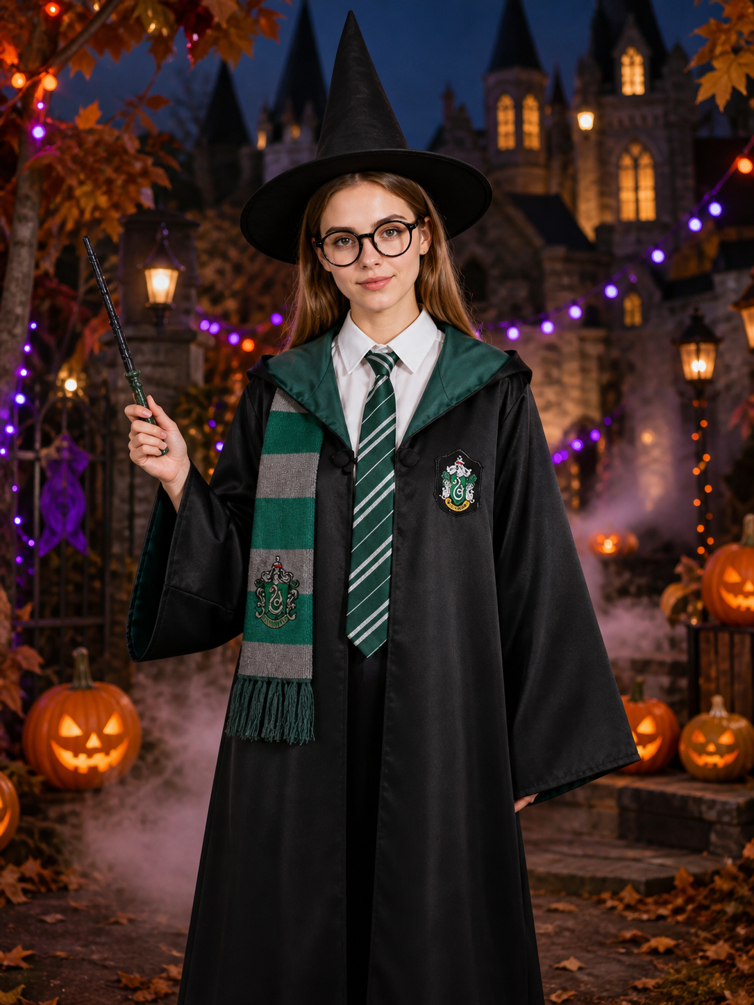 Slytherin Wizard Robe Costume Set with Tie, Scarf, Glasses, Wand, Hat & Shirt Costume Headwear detail 2