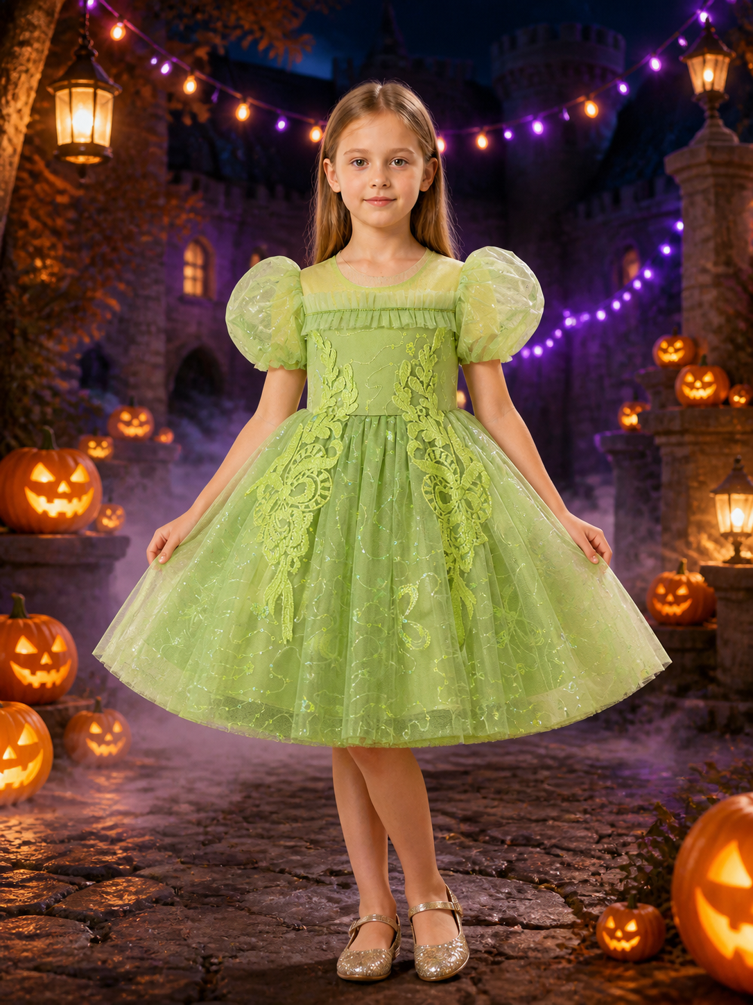 Girls' Mint Green Princess Dress with Puff Sleeves, Sequined Floral Embroidery Costume Dresses detail 2