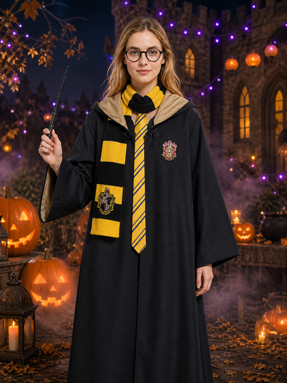 Kids Black And Yellow Hooded Wizard Robe Costume Set With Scarf, Tie, Glasses Costumes detail 2