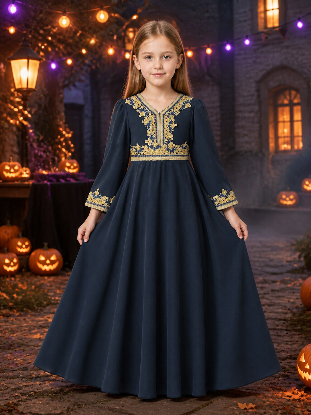Girls' Navy Blue Princess Dress, Long Sleeve Gold Embroidered Formal Gown