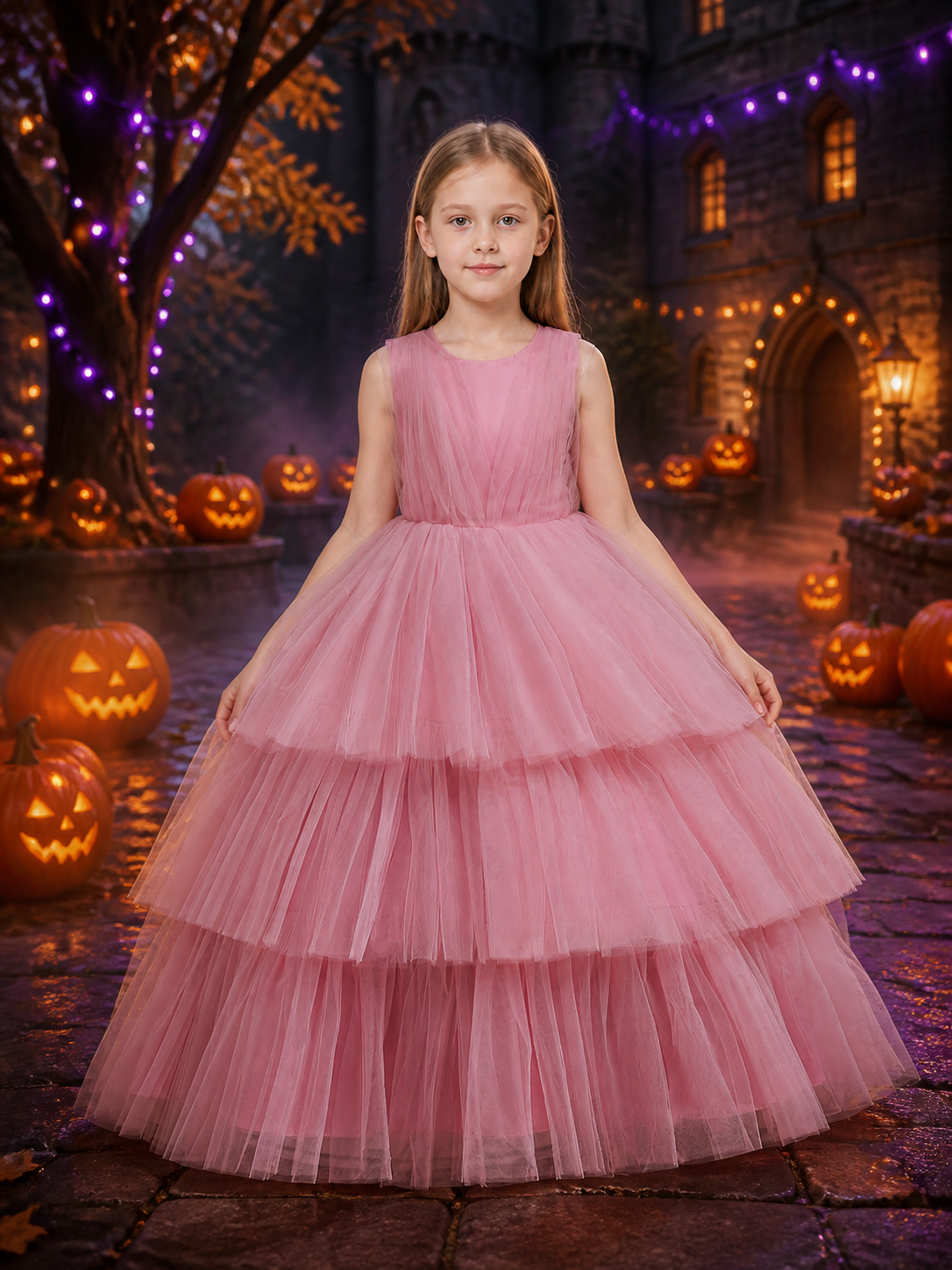 Girls' Pink Princess Dress, Sleeveless Tiered Tulle Floor-Length Formal Gown