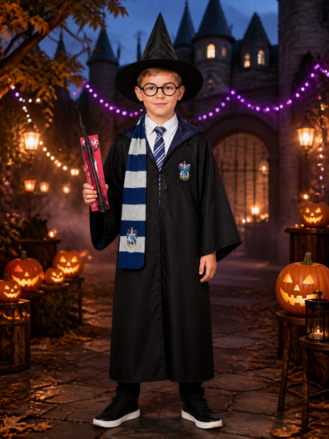 Blue And Silver Wizard Robe Costume Set With Hat, Glasses, Scarf And Tie Costume Headwear detail 2