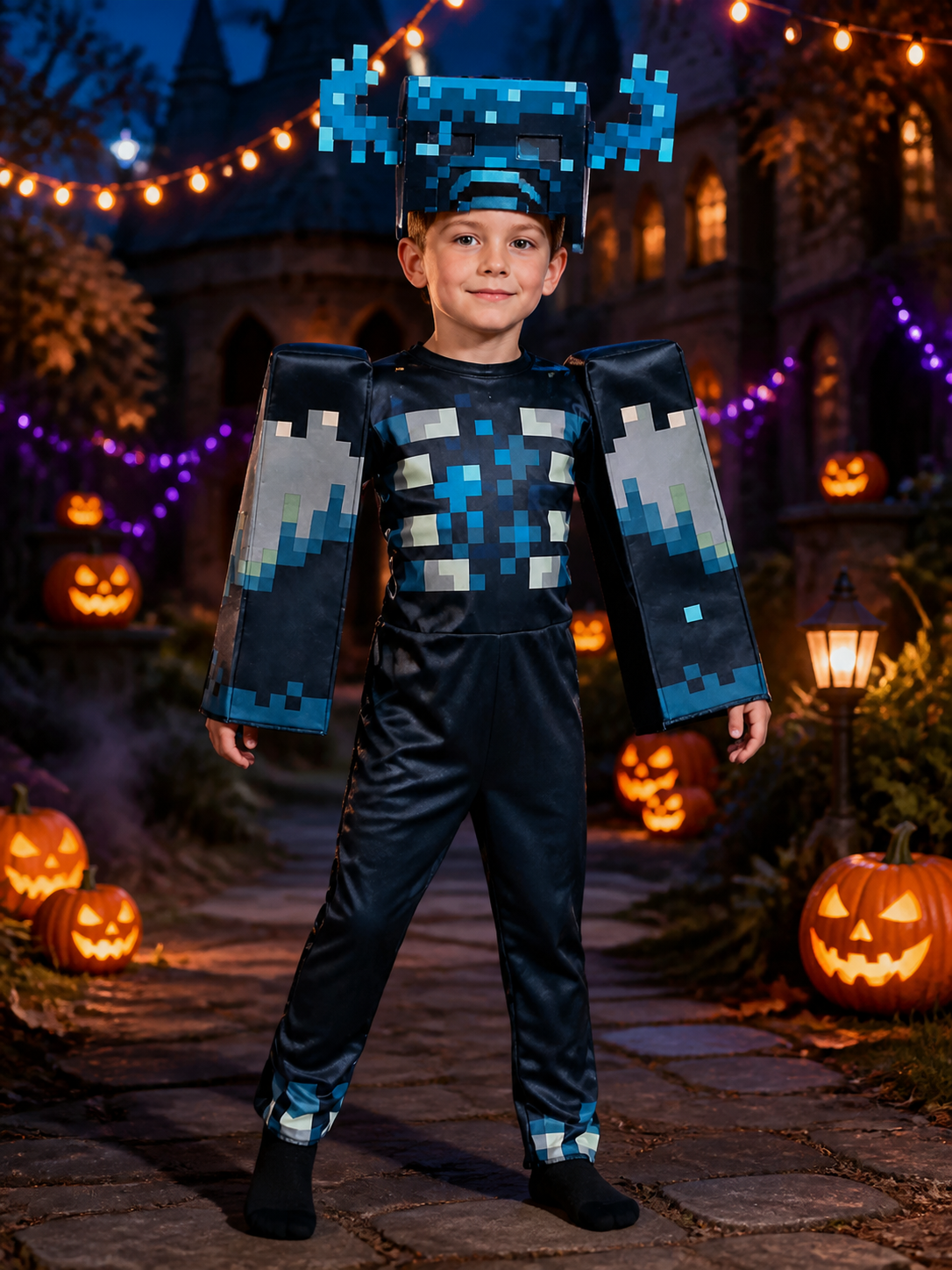 Warden Costume Jumpsuit, Blue Black Pixelated Cosplay Bodysuit with Headpiece Costume Headwear detail 2
