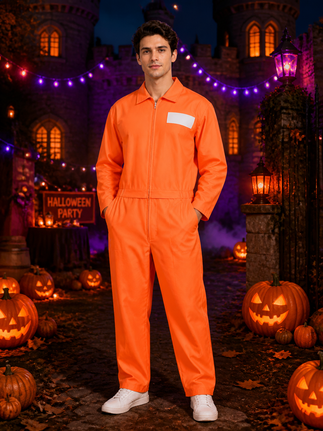 Prison Jumpsuit Costume, Orange Zippered Coveralls with State Prison Print for Costumes detail 2