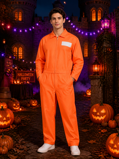 Prison Jumpsuit Costume, Orange Zippered Coveralls with State Prison Print for Costumes detail 2