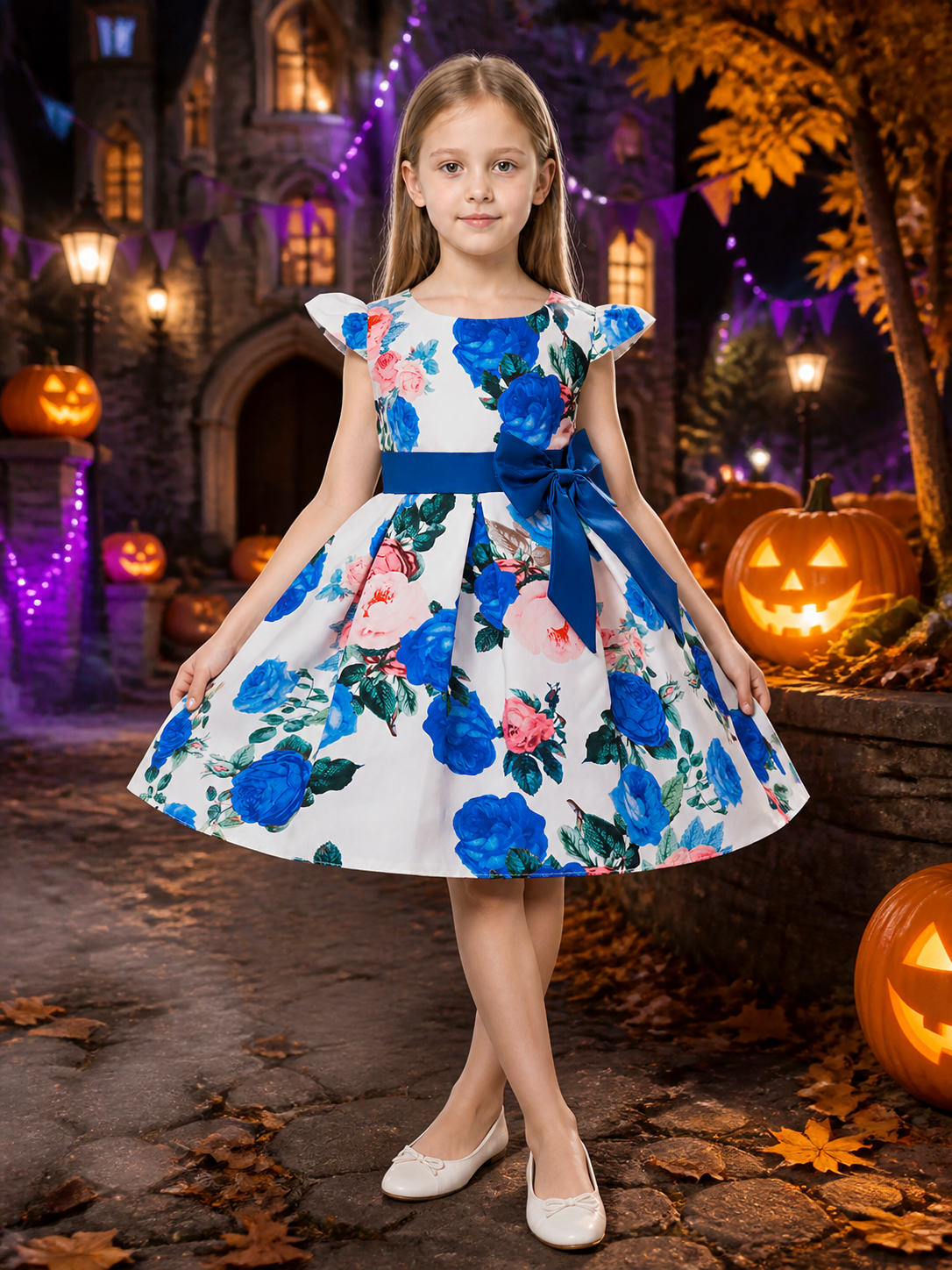 Girls' Princess Dress, Floral Print Short Sleeve Party Dress with Blue Bow Costume Dresses detail 2