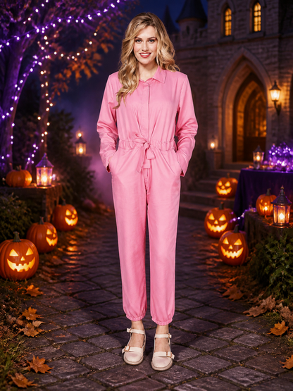Barbie Ken Pink Jumpsuit Costume for Adults and Kids, Long Sleeve Collar Bow Costume Accessories detail 2