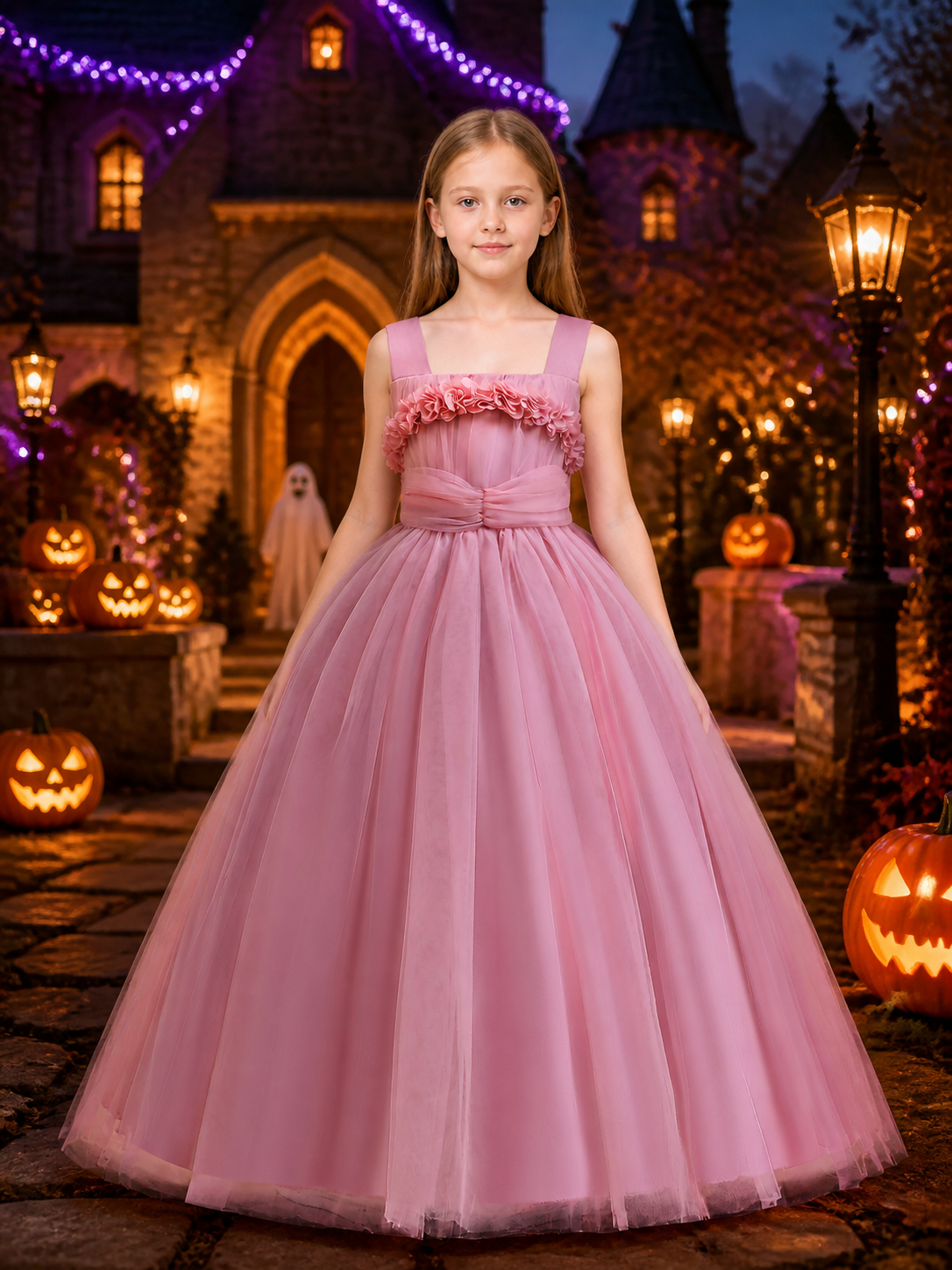 Girls' Pink Princess Dress, Layered Organza Long Gown With Floral Bodice And Bow Costume Dresses detail 2