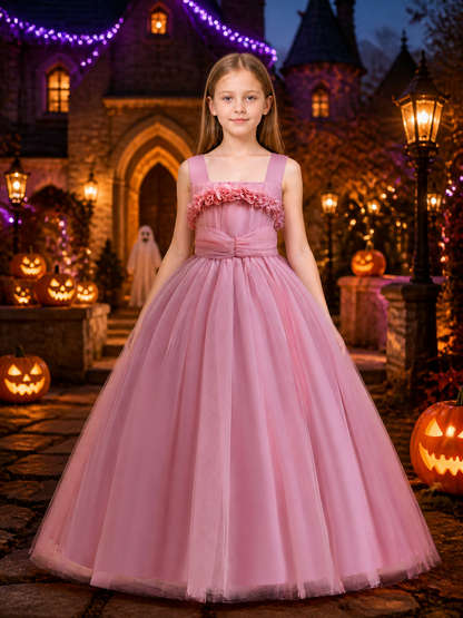 Girls' Pink Princess Dress, Layered Organza Long Gown With Floral Bodice And Bow Costume Dresses detail 2