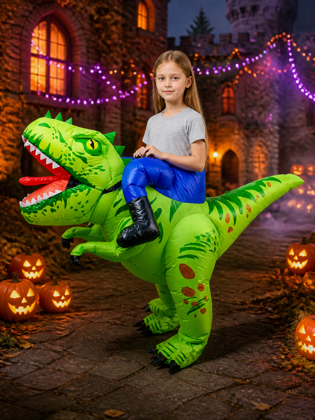 Kids Inflatable Green Dinosaur Costume with Spikes and Long Tail, Halloween Costumes detail 2