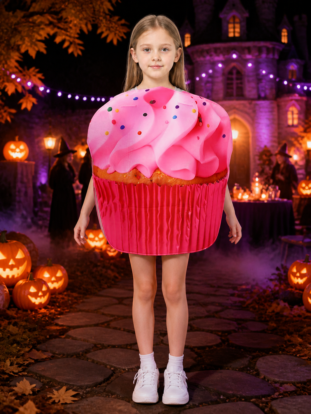 Kids and Adults Cupcake Bodysuit Costume, 3D Cream and Polka Dot for Halloween on-model Halloween scene view