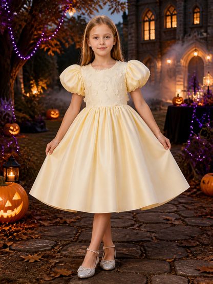 Girls' Christening Dress, Puff Sleeve Princess Gown with Floral Appliqué and product detail 2