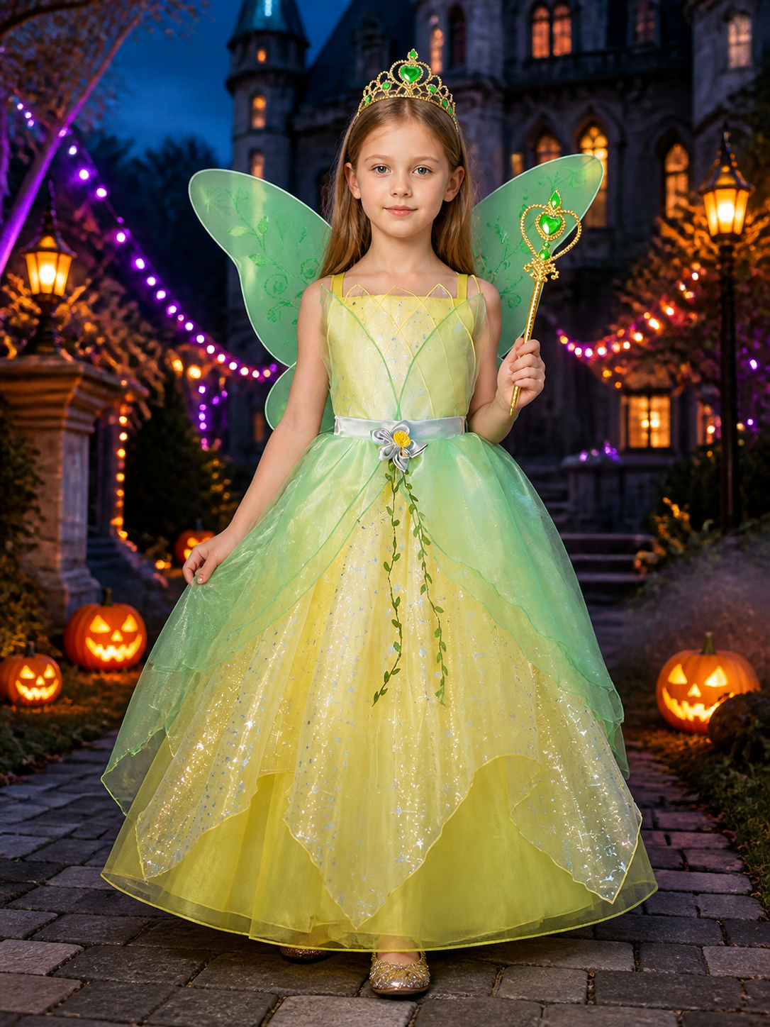 Girl's Fairy Costume Dress with Wings, Crown, and Magic Wand - Green Leaf Star Costume Dresses detail 2