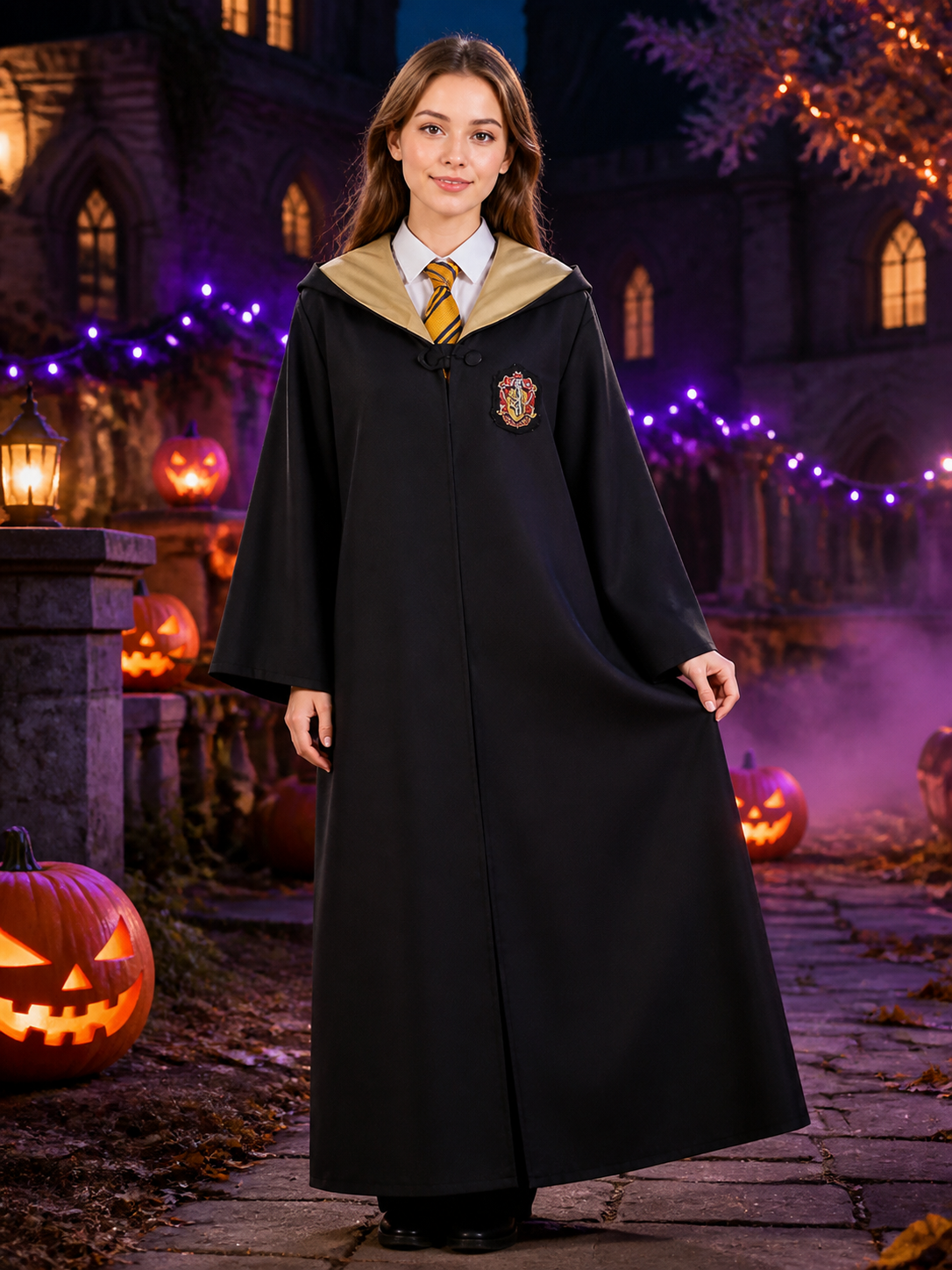 Kids Wizard Hooded Robe Costume Set with Yellow and Dark Blue Striped Tie and Costumes detail 2