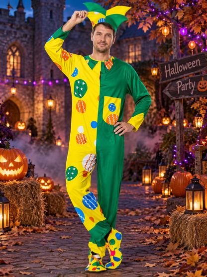 Asymmetrical Yellow-Green Clown Costume with Hat