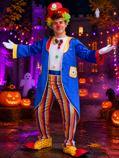 Adult Halloween Clown Circus Costume Set - Striped Jumpsuit, Jacket, Hat, Bow Costume Headwear detail 2
