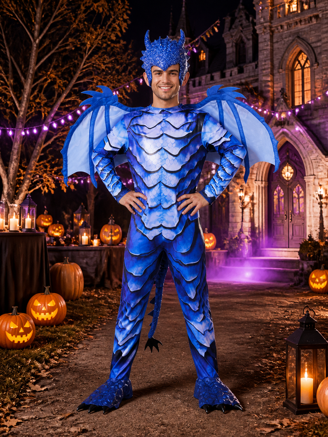 Kids' Blue Frost Dragon Knight Costume with Wings, Tail & Spikes, Halloween Costumes detail 2