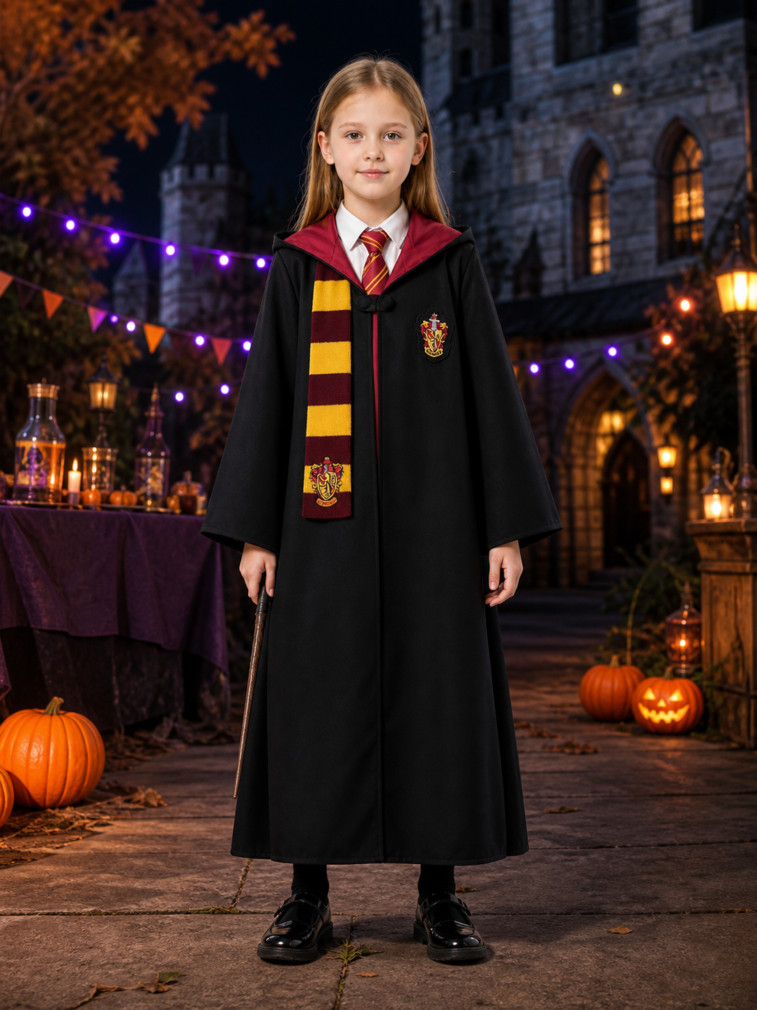 Gryffindor Wizard Costume Set with Hooded Robe, Tie and Scarf Costumes detail 2