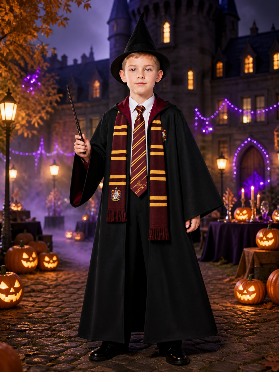 Hooded Wizard Robe Costume Set With Shirt, Tie, Scarf And Pointed Hat Costume Headwear detail 2
