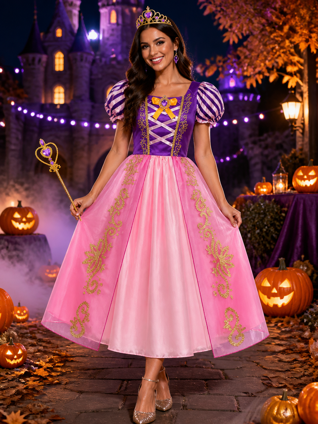 Girls Princess Halloween Costume Set with Crown and Magic Wand, Puff Sleeve Costume Headwear detail 2