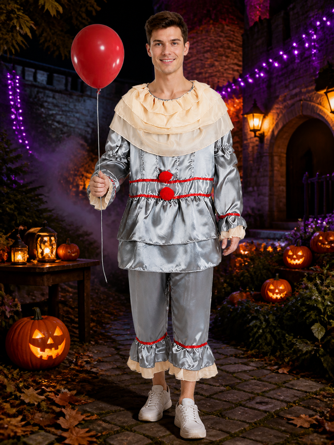 Adult Clown Jumpsuit Costume with Ruffled Collar and Red Sashes Costumes detail 2