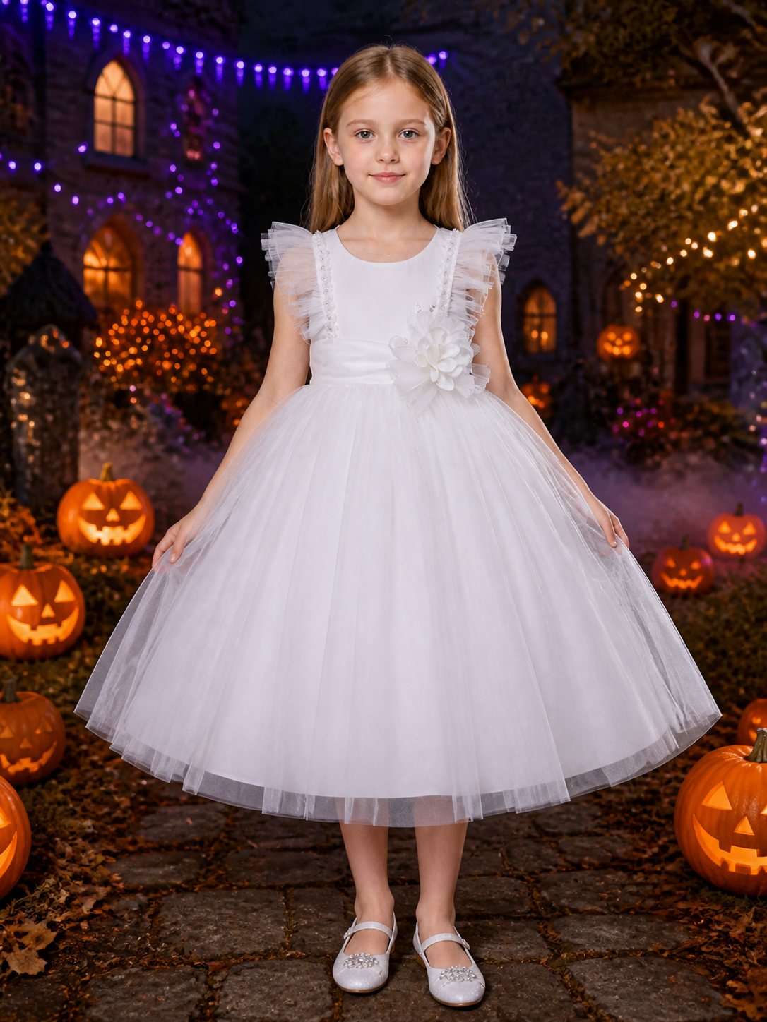Girls' White Princess Formal Dress with Layered Tulle Skirt and Sequin Beaded Costume Dresses detail 2