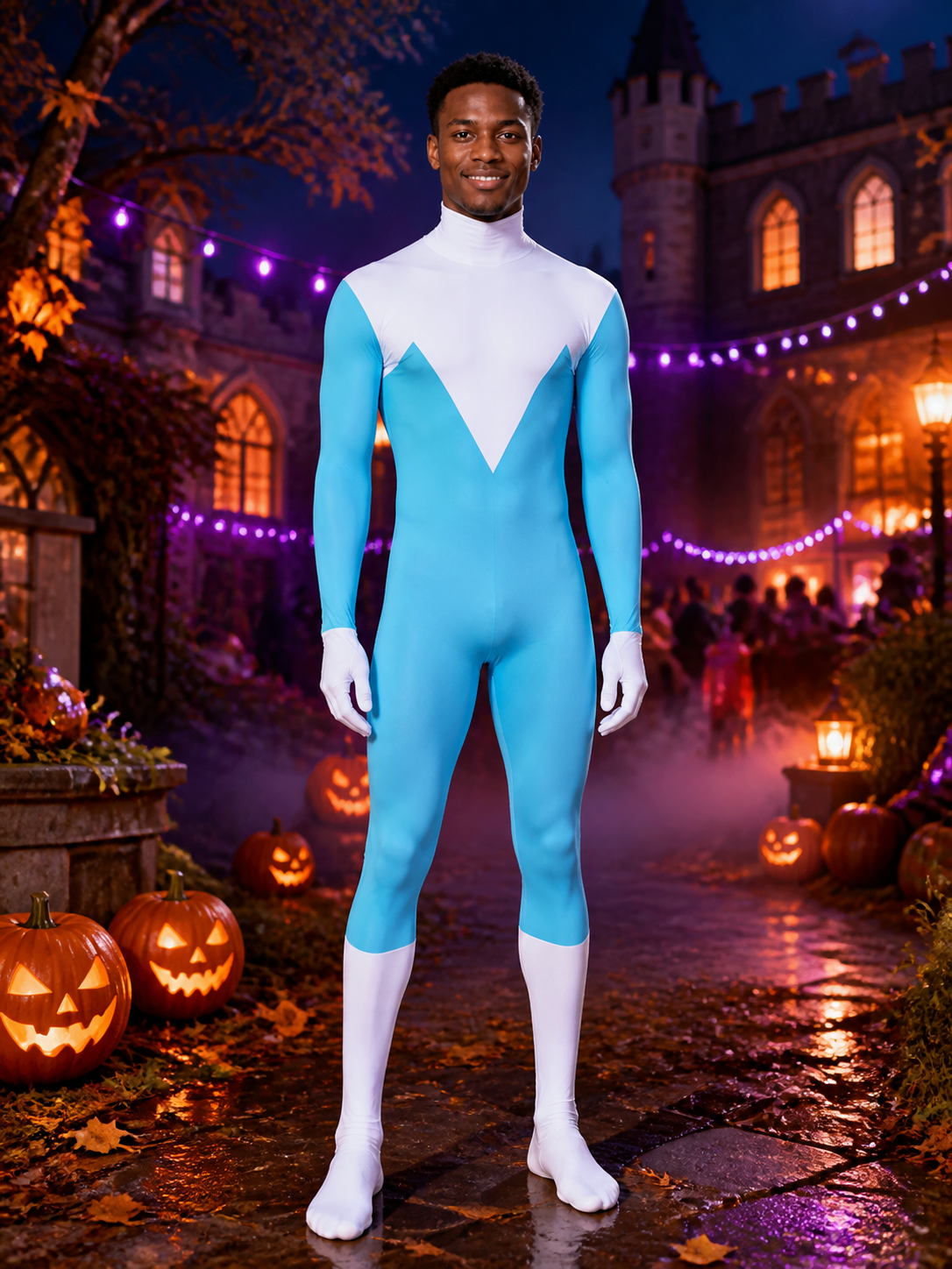 Frozone Hooded Full Body Jumpsuit Costume, Blue White Color Block for Halloween Costumes detail 2