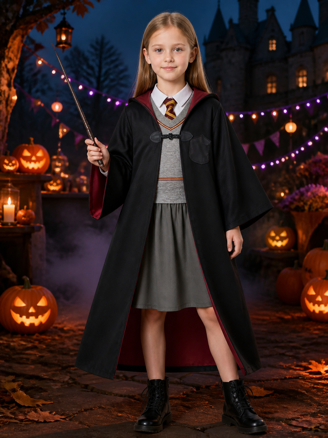 Kids Wizard Costume Set, Hooded Robe, Vest, Skirt and Wand Costume Accessories detail 2