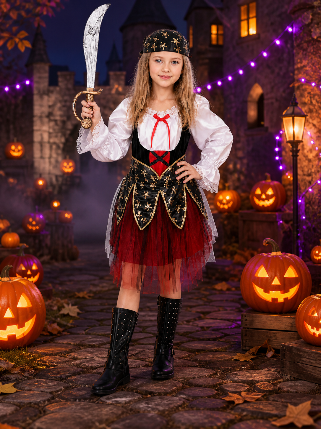Kids Pirate Costume Set with Skull Print, Layered Skirt & Hat - Halloween Costume Headwear detail 2