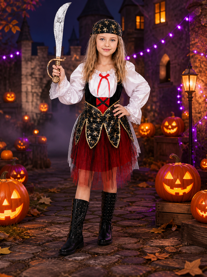Kids Pirate Costume Set with Skull Print, Layered Skirt & Hat - Halloween Costume Headwear detail 2