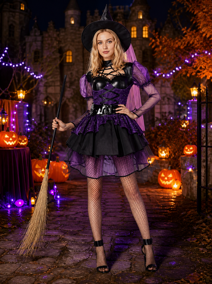 Women's Purple and Black Witch Costume Set, Ruffle Dress and Pointed Hat Costume Dresses detail 2