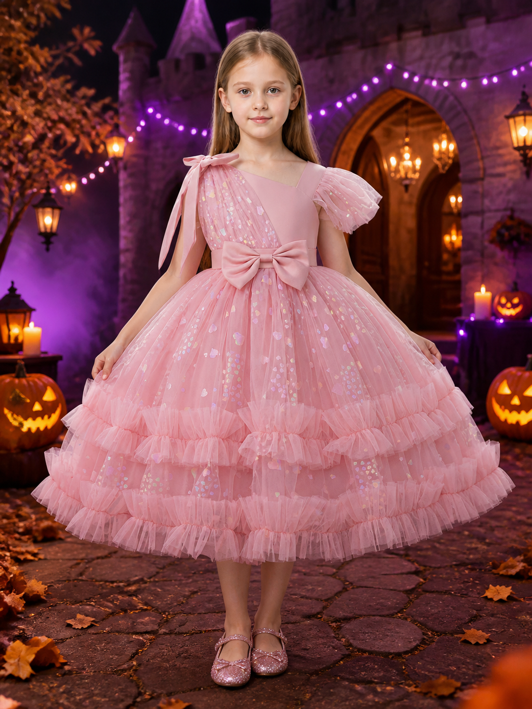 Baby Girls' Pink Sequined Princess Dress with Bows and Layered Ruffle Skirt Costume Dresses detail 2