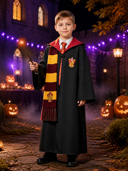 Kids Wizard Robe Costume Set, Hooded Black Cloak with Tie and Scarf Costume Capes detail 2