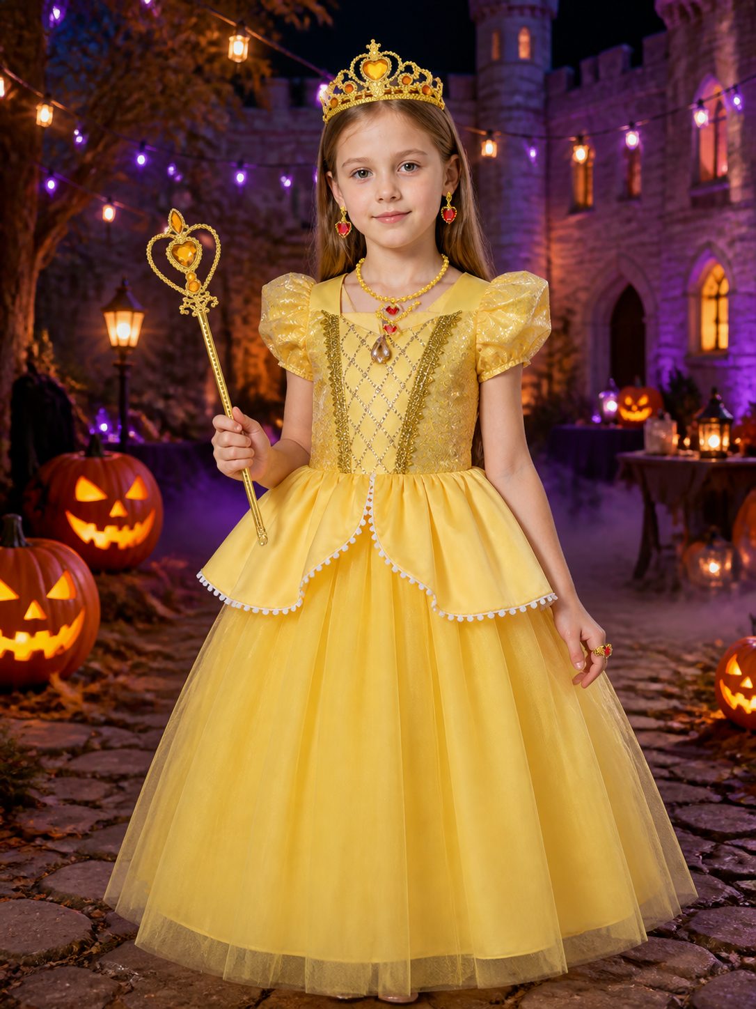 Girls Yellow Princess Sequin Tulle Dress Costume Set with Crown and Magic Wand Costume Dresses detail 2