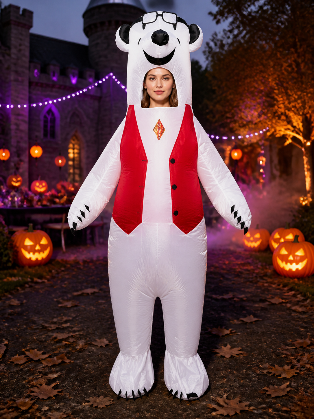 Unisex White Polar Bear Animal Onesie Costume with Red Vest Front and Black Costumes detail 2