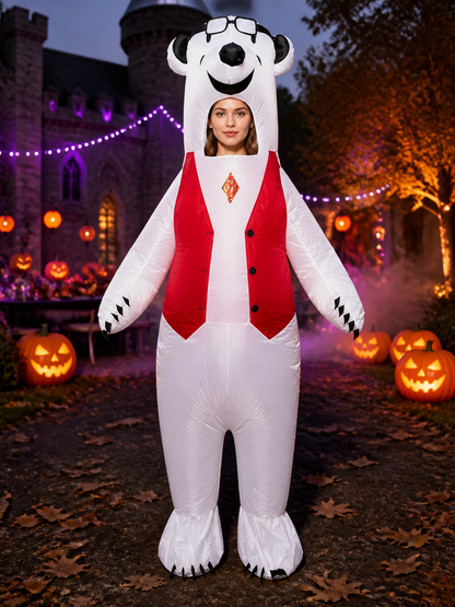 Unisex White Polar Bear Animal Onesie Costume with Red Vest Front and Black Costumes detail 2