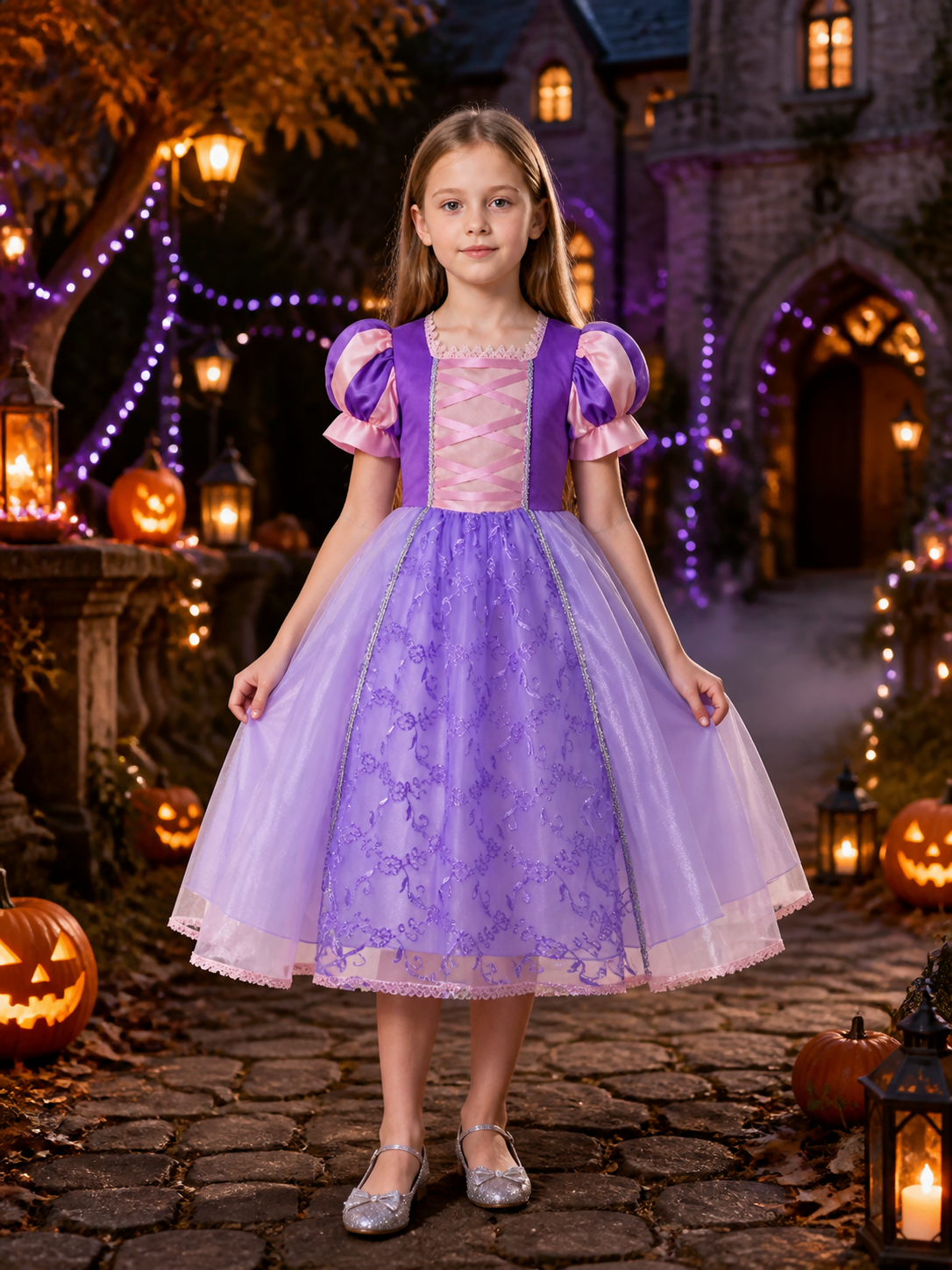 Girls' Princess Dress Costume, Embroidered Lace Organza Gown with Puff Sleeves Costume Dresses detail 2