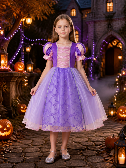 Girls' Princess Dress Costume, Embroidered Lace Organza Gown with Puff Sleeves Costume Dresses detail 2