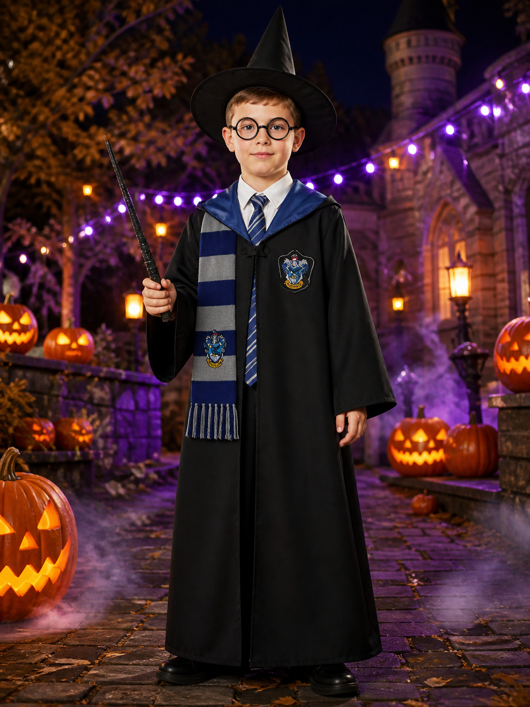 Wizard Robe Costume Set with Scarf, Tie, Hat, Glasses and Wand - Halloween Costume Headwear detail 2
